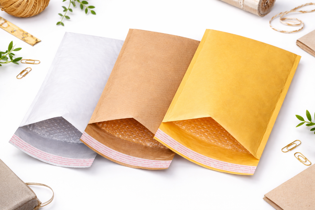 Kraft bubble mailers in brown, white, and gold color options