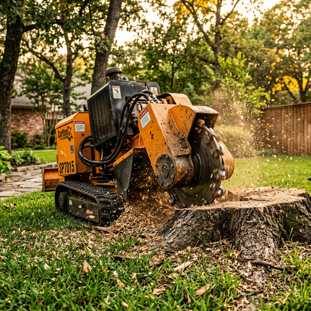 Stump grinding close-up with wood chips flying
