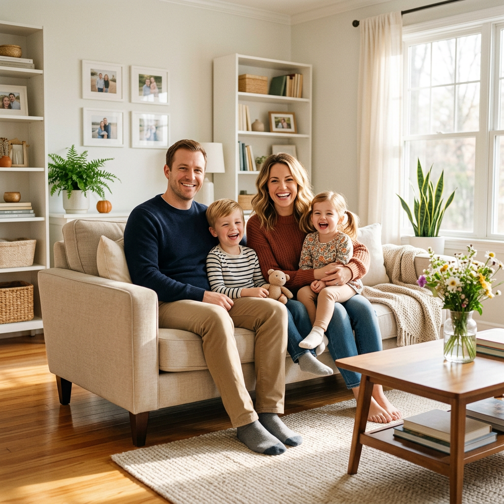 Happy family in clean home
