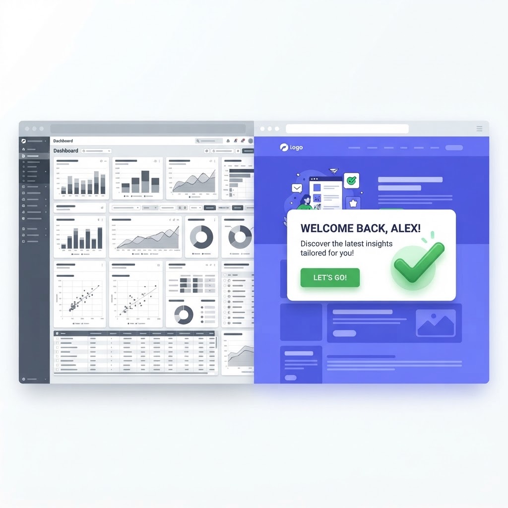 Complex analytics dashboard compared with a simple personalized B2B website