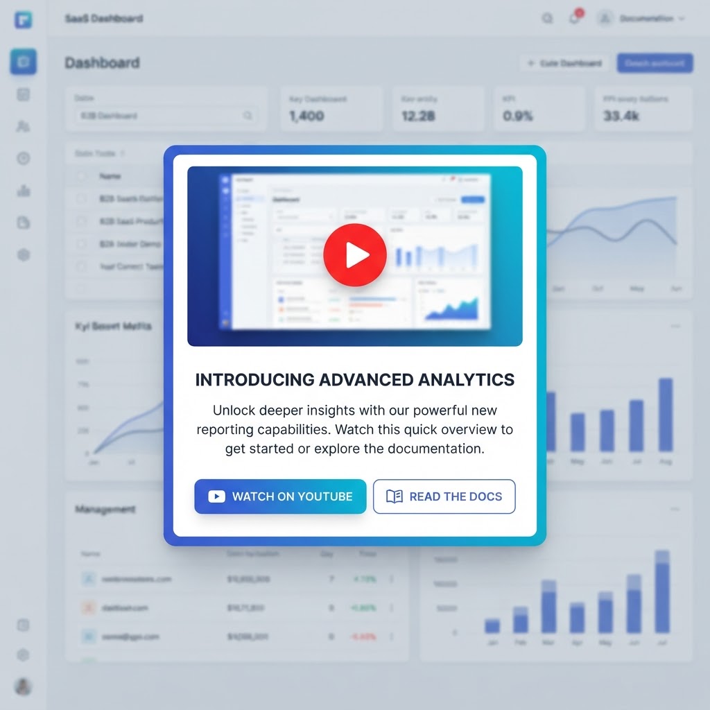 In-app feature highlight popup with a YouTube video thumbnail, play button, and dual CTAs linking to a YouTube video and documentation
