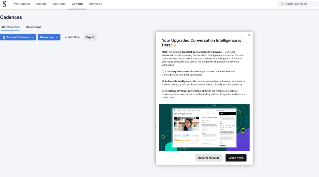 Salesloft in-app feature release popup announcing upgraded Conversation Intelligence with coaching, AI-powered summaries, and predictive revenue features