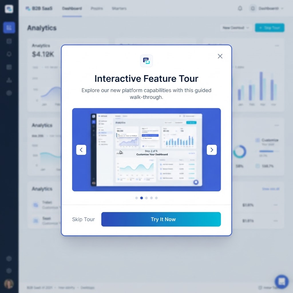 In-app modal popup with an embedded interactive product demo, navigation arrows, slide indicators, and a Try It Now CTA button