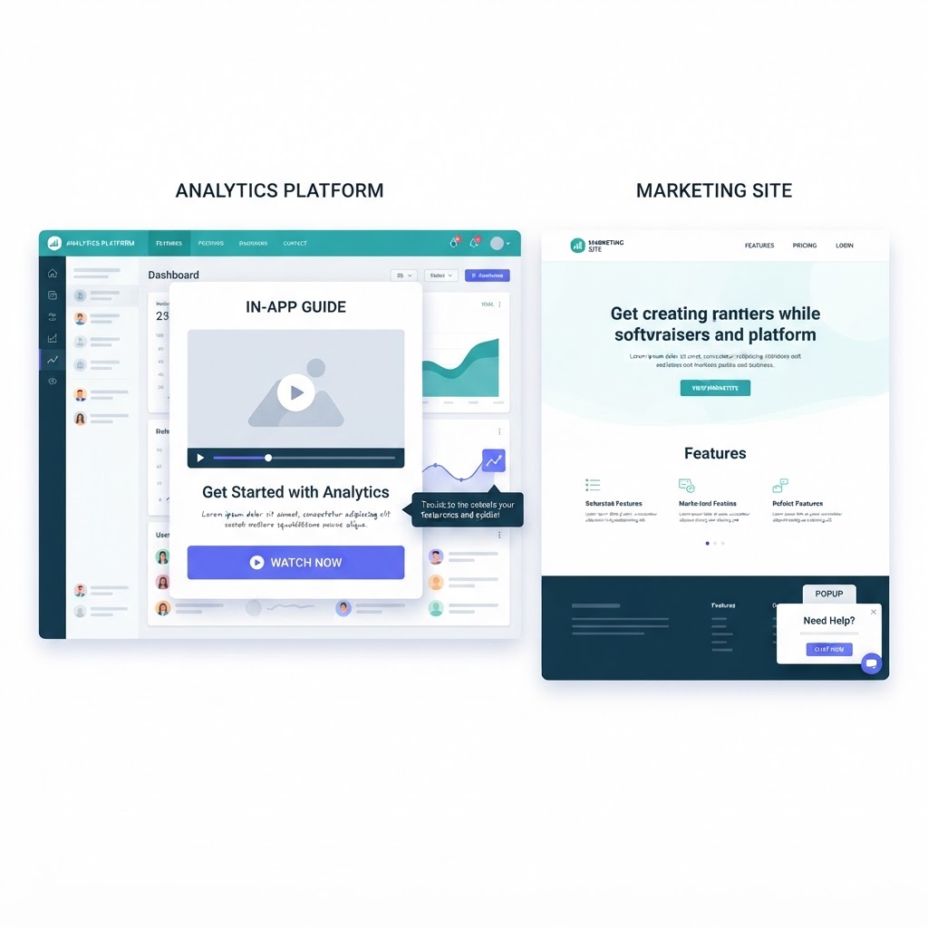 Upvert in-app guide with embedded video next to a website popup