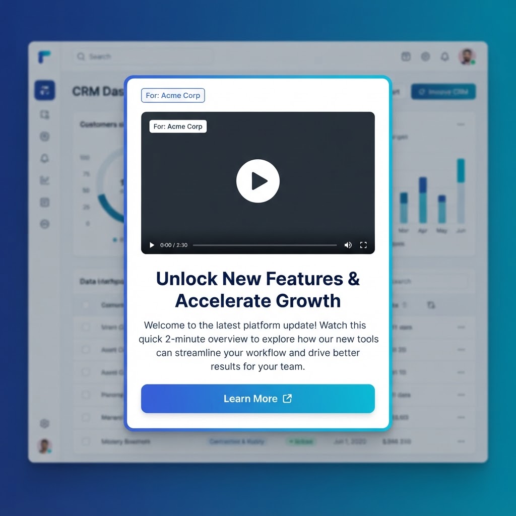 Personalized in-app video popup with a company-specific welcome message, video player, and CTA linking to a resource, overlaid on a SaaS dashboard
