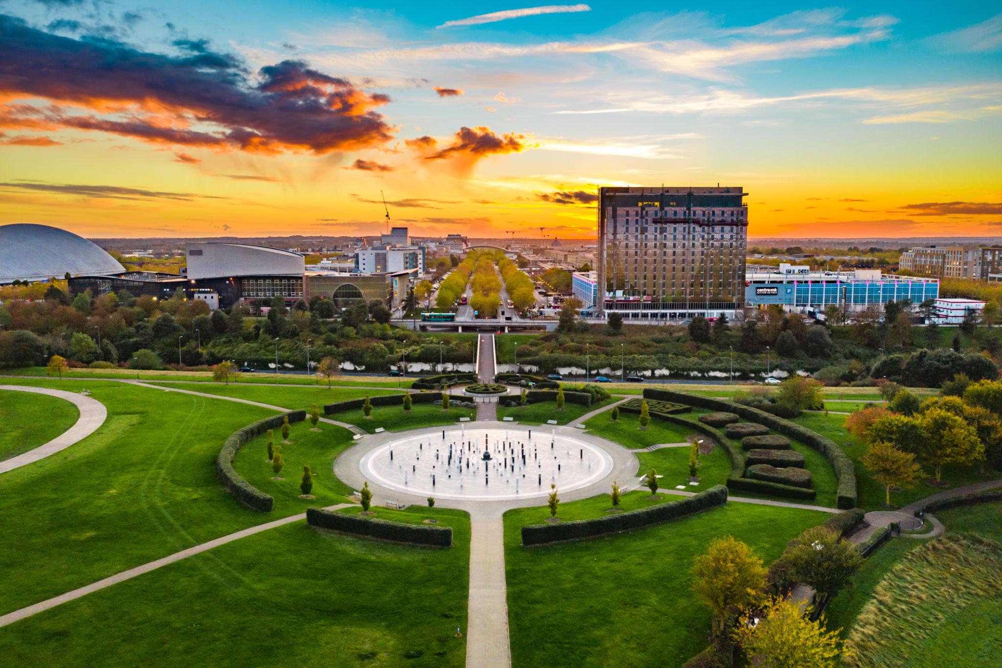 Campbell Park in Central Milton Keynes with open lawns and the city skyline