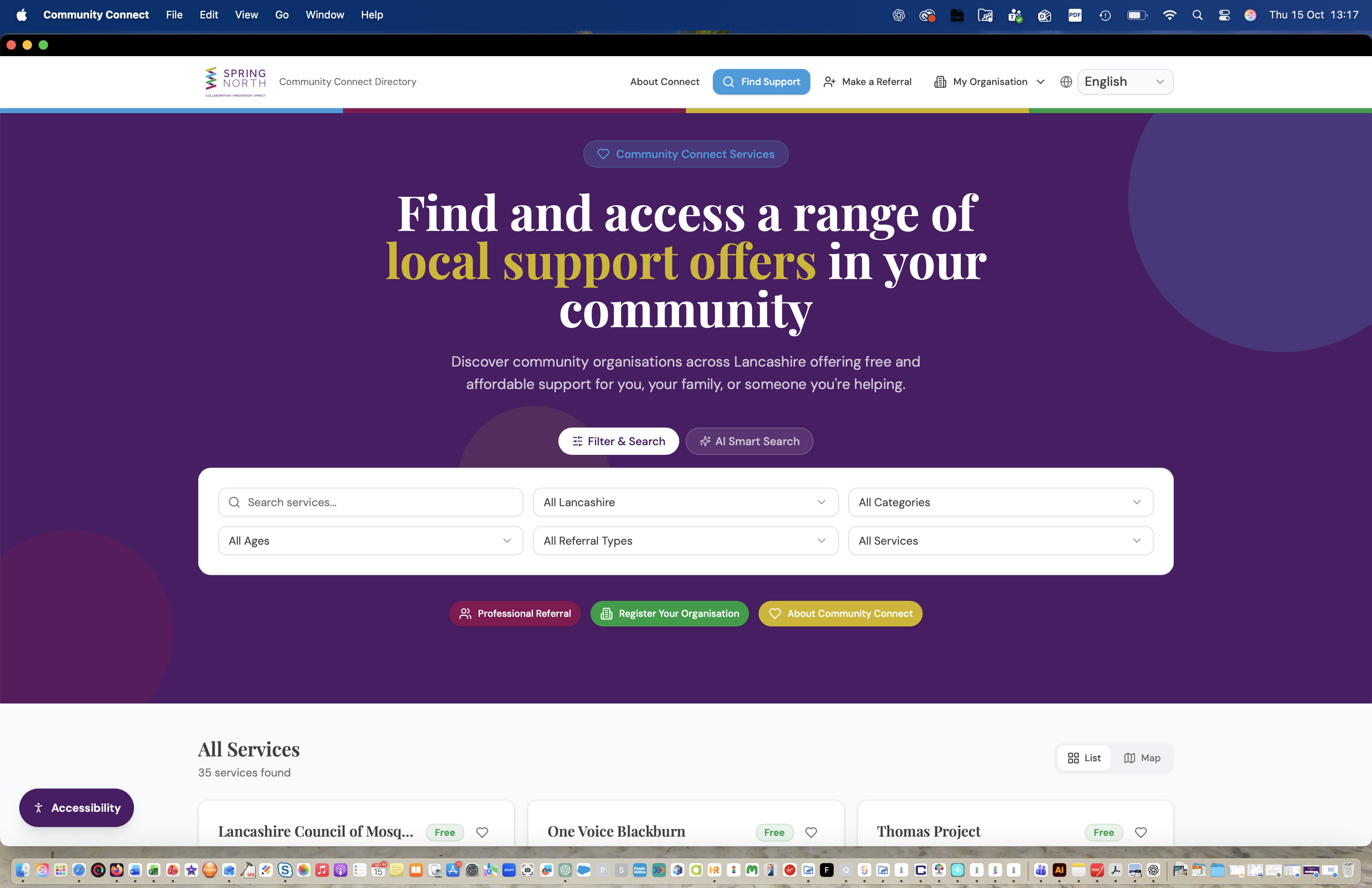 Community Connect homepage showing the search bar, filter options, and service cards