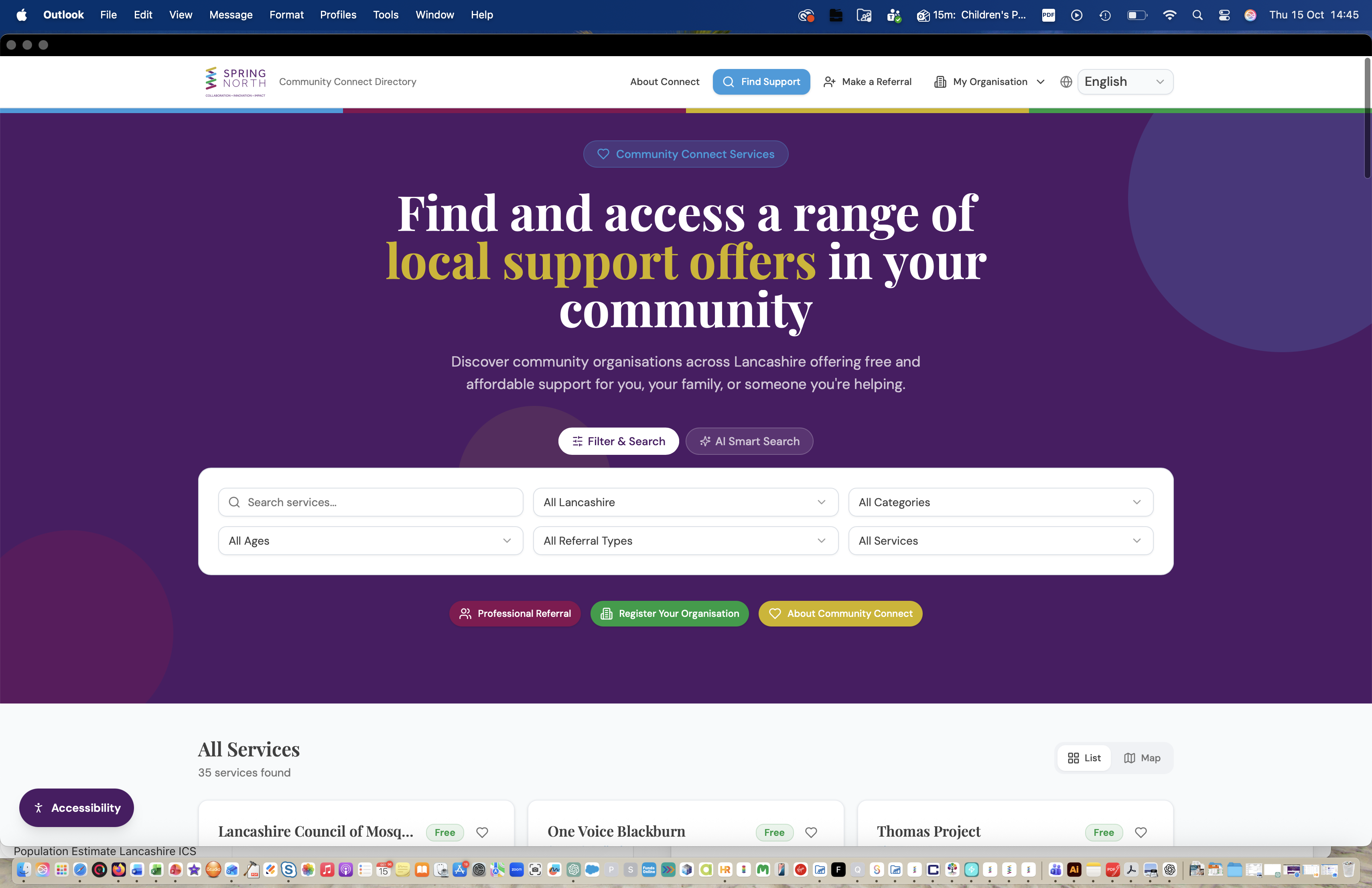 Community Connect homepage showing the search bar and filter options on a purple hero section