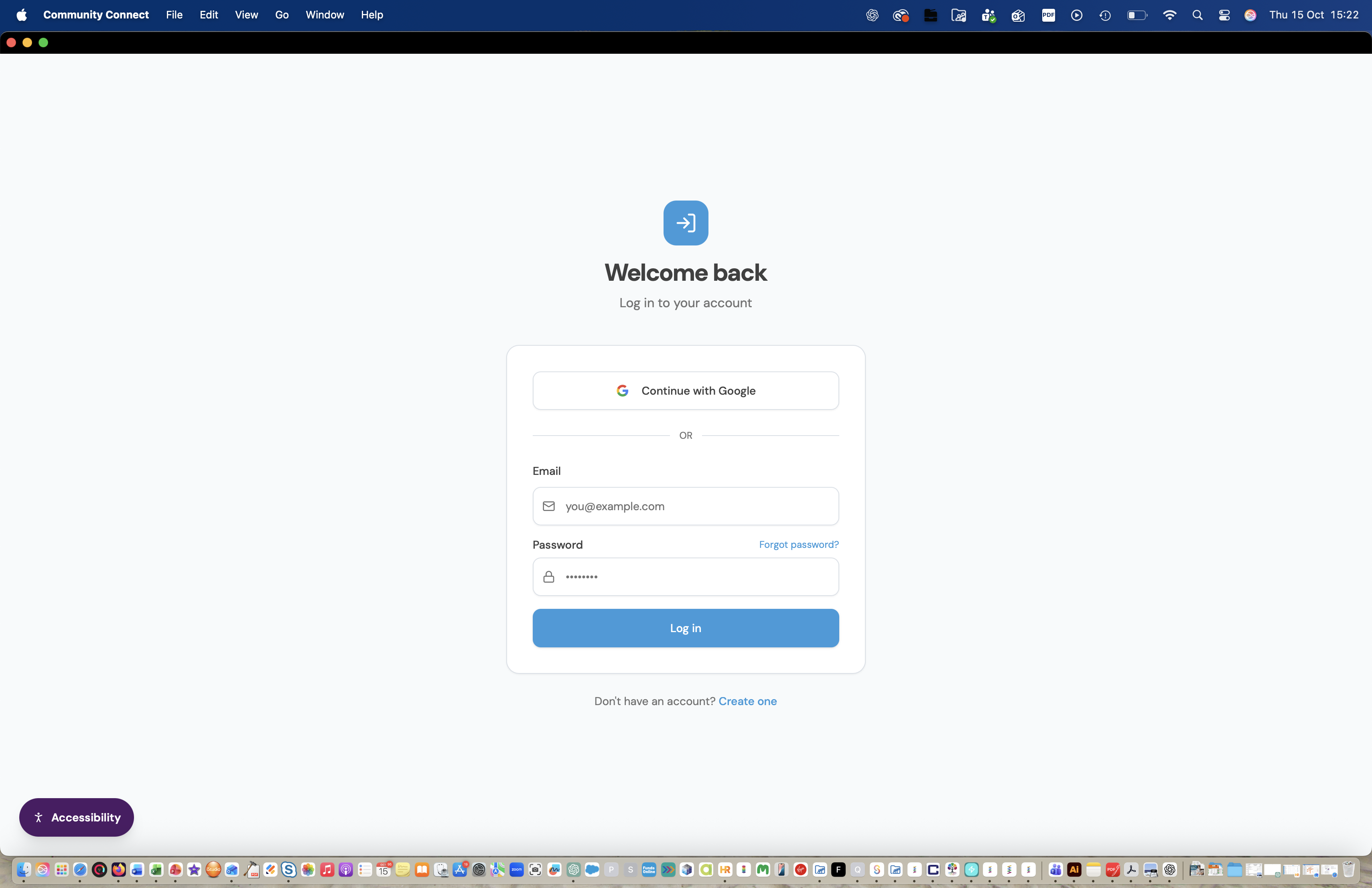 Community Connect login screen with Google sign-in, email and password fields, and a link to create an account