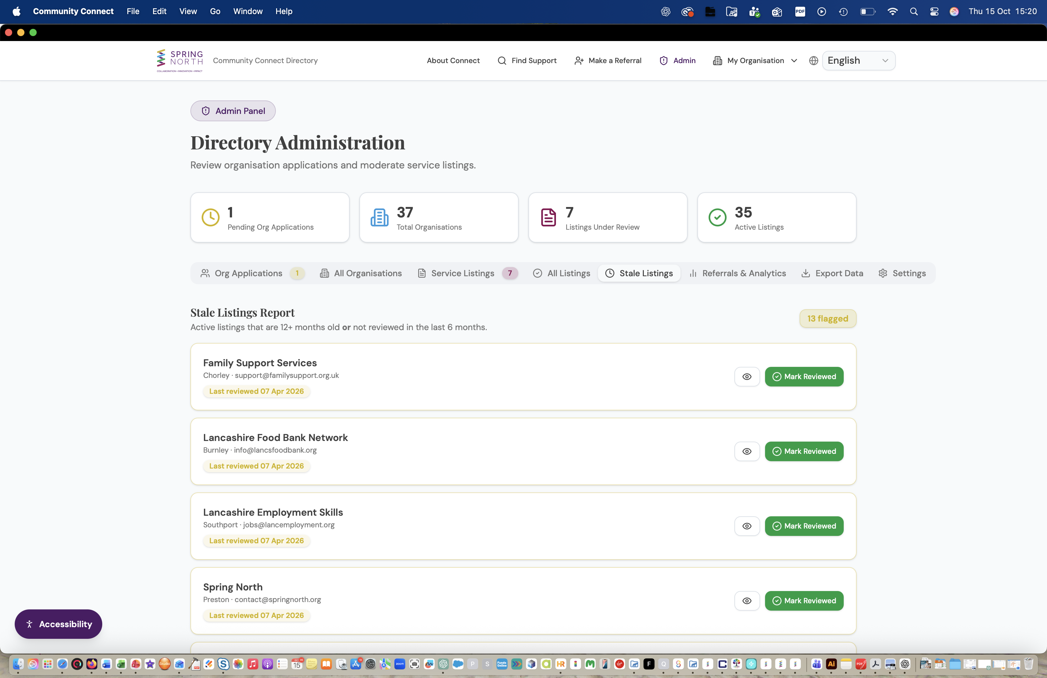 Directory Administration Stale Listings tab showing flagged listings older than 12 months with mark reviewed buttons