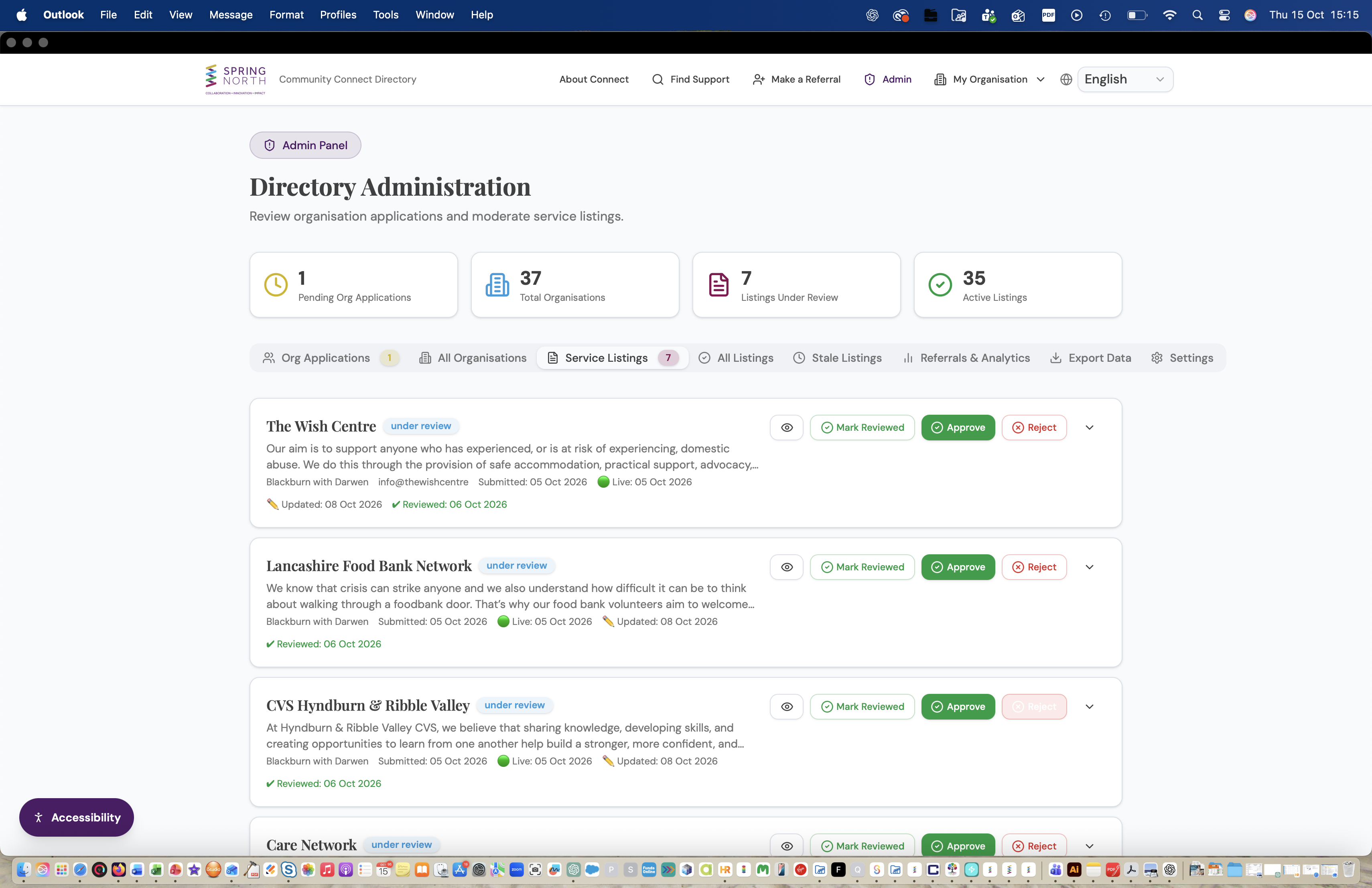 Directory Administration Service Listings tab showing under review listings with approve, reject, and mark reviewed actions
