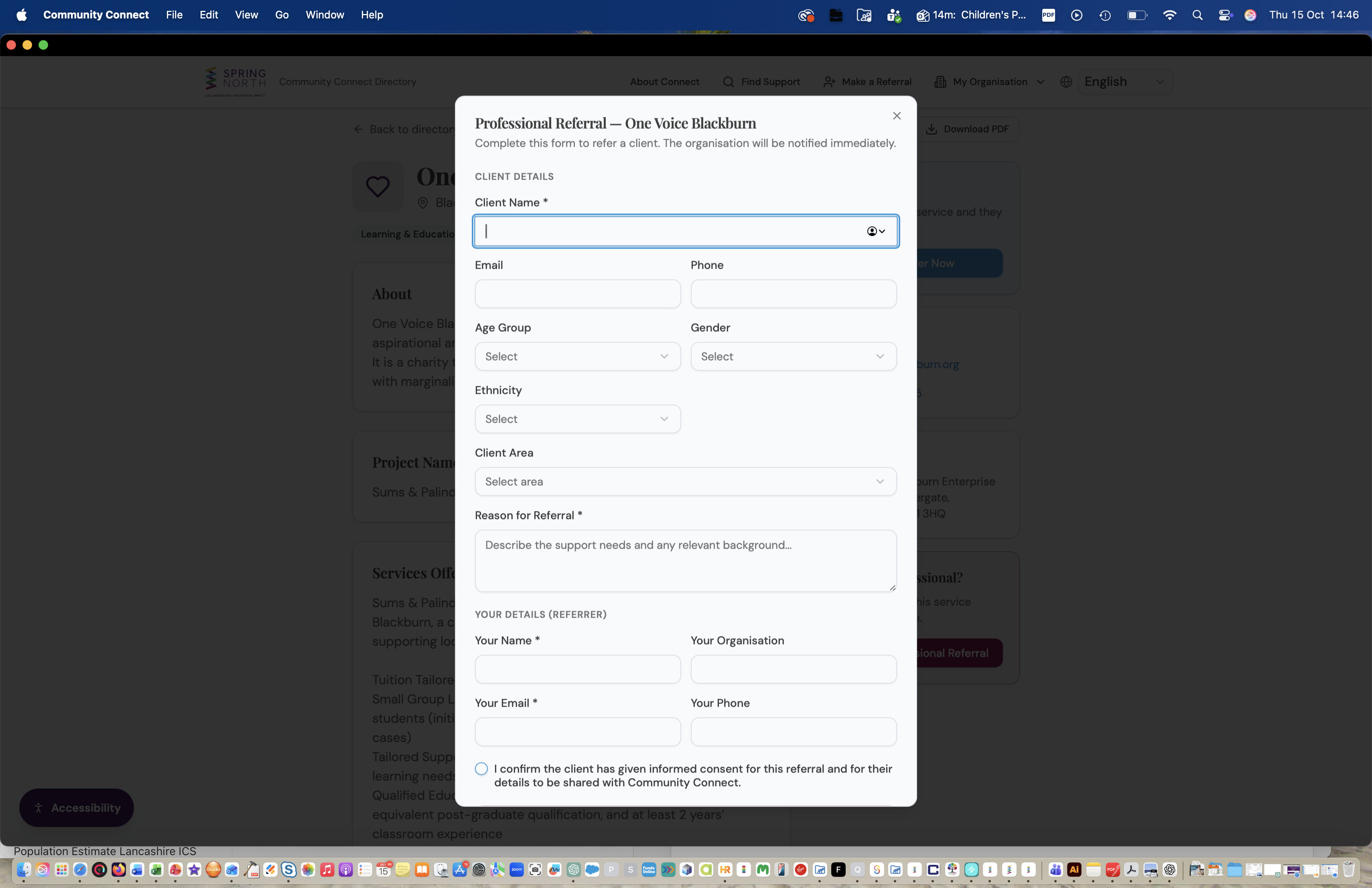 Professional referral form modal showing client details and referrer details sections with a consent checkbox