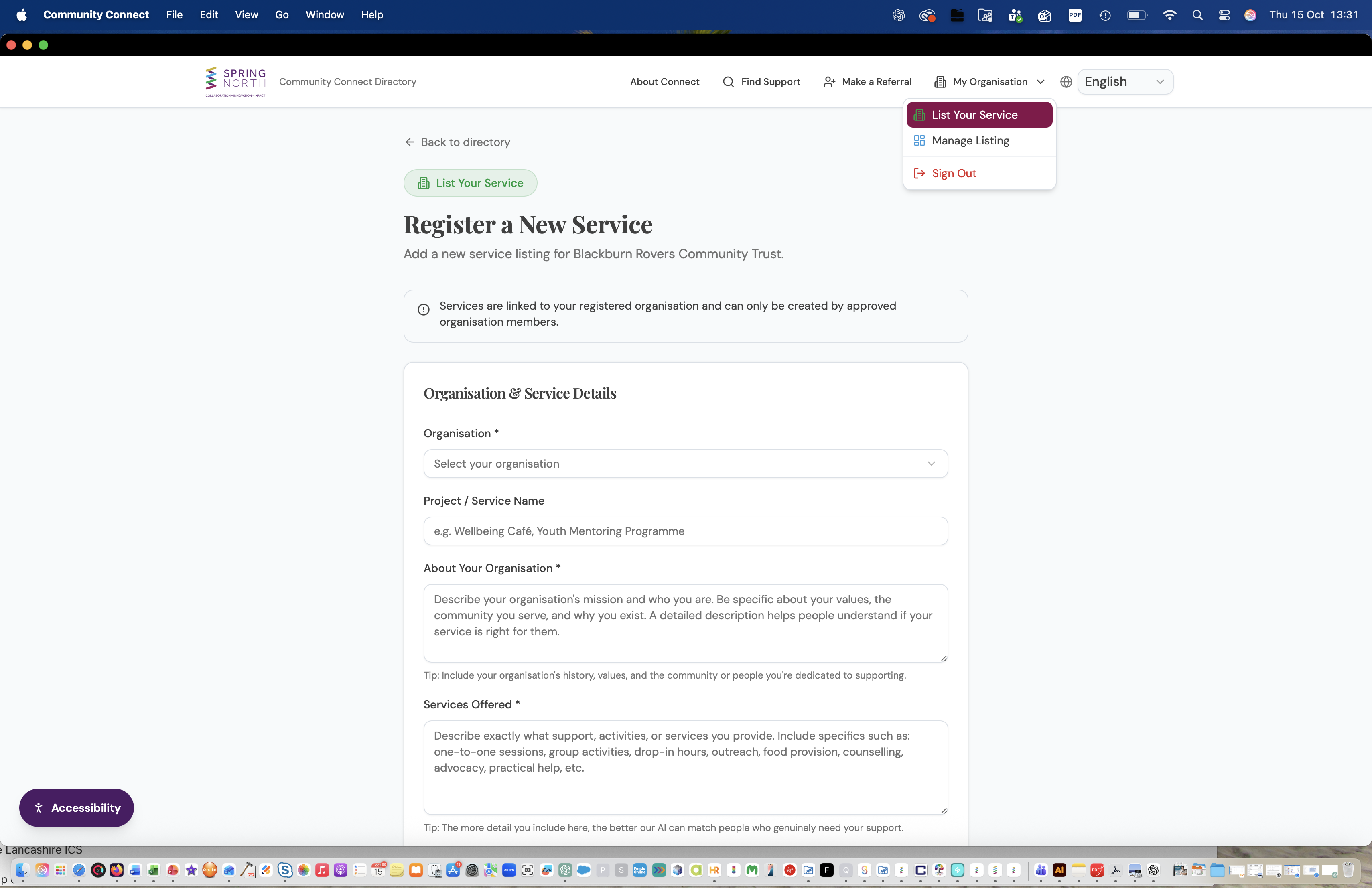 Register a New Service page with the My Organisation dropdown expanded showing List Your Service option