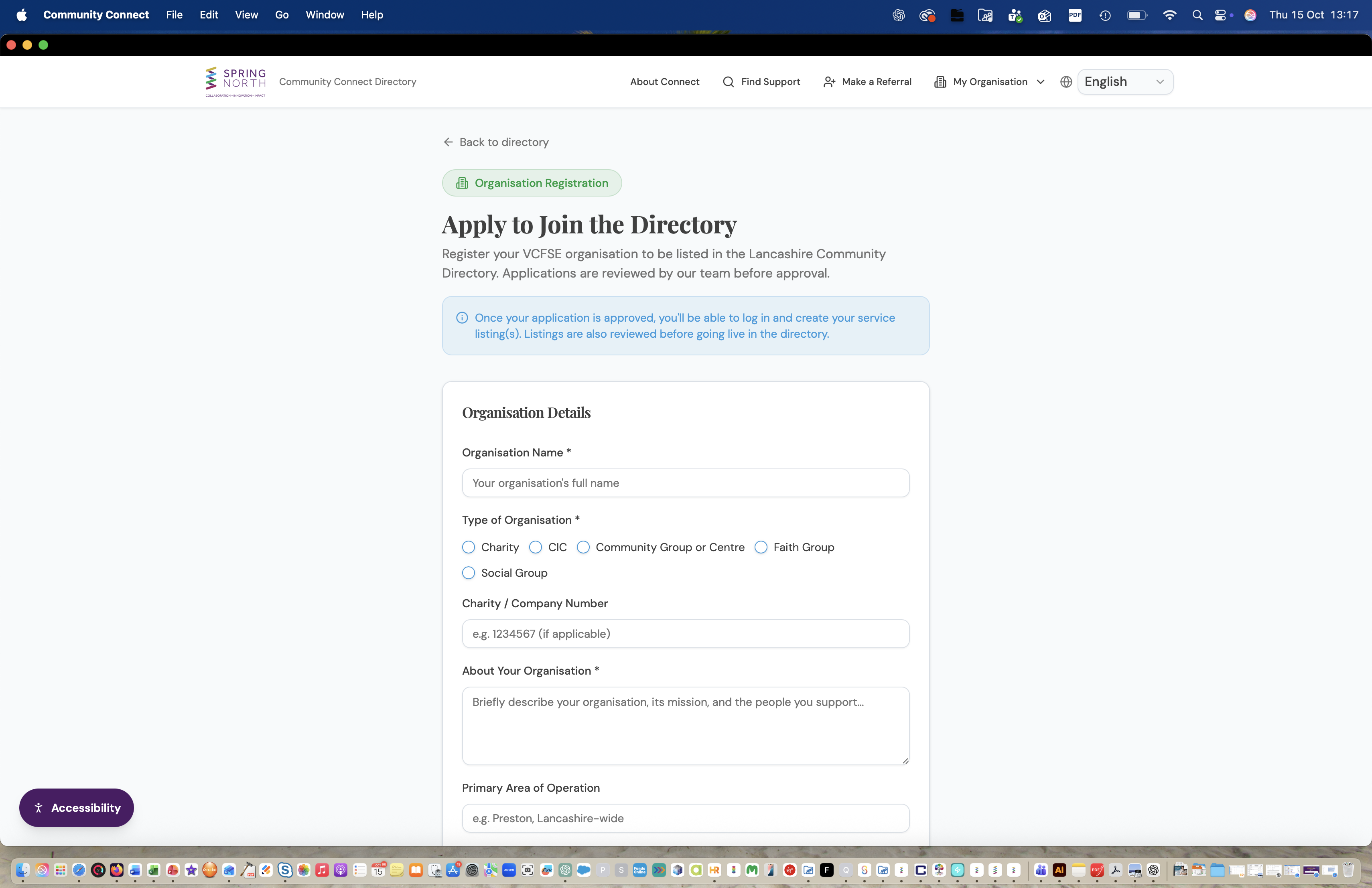 Apply to Join the Directory form showing organisation details fields