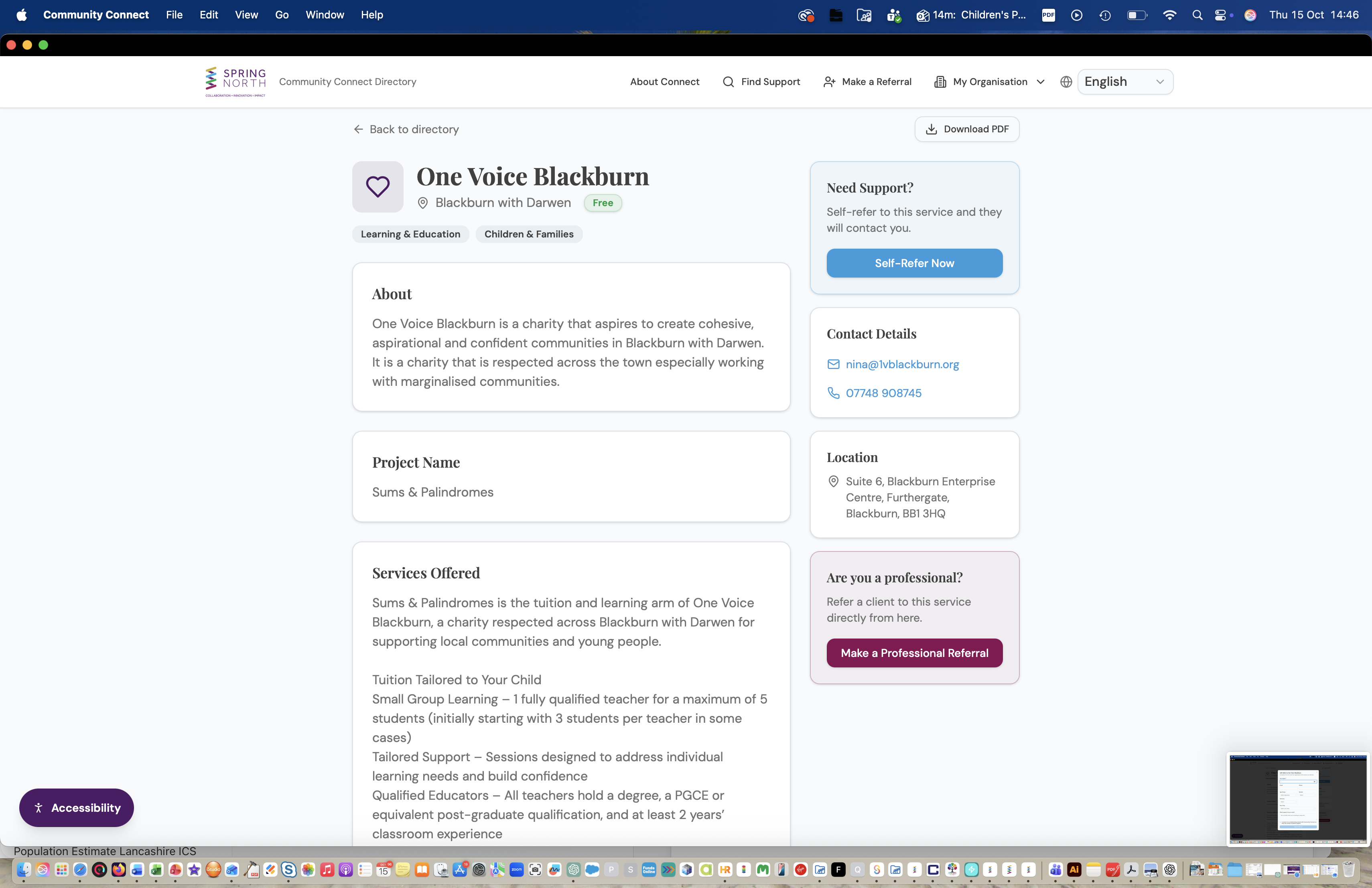 Service detail page for One Voice Blackburn showing the about section, project name, services offered, and contact and referral options
