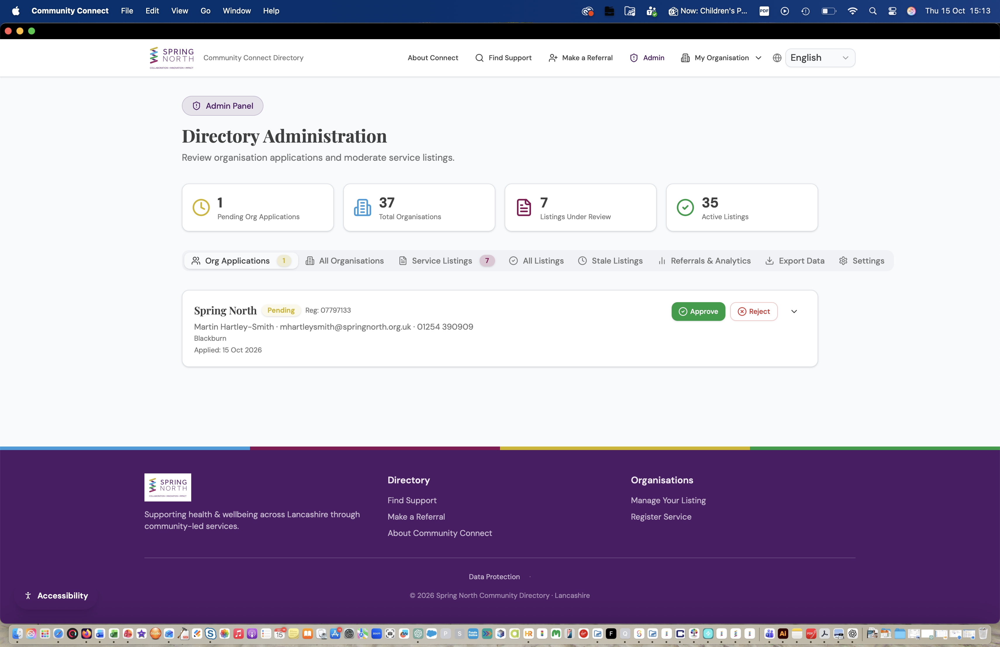Directory Administration panel showing pending organisation applications with approve and reject buttons