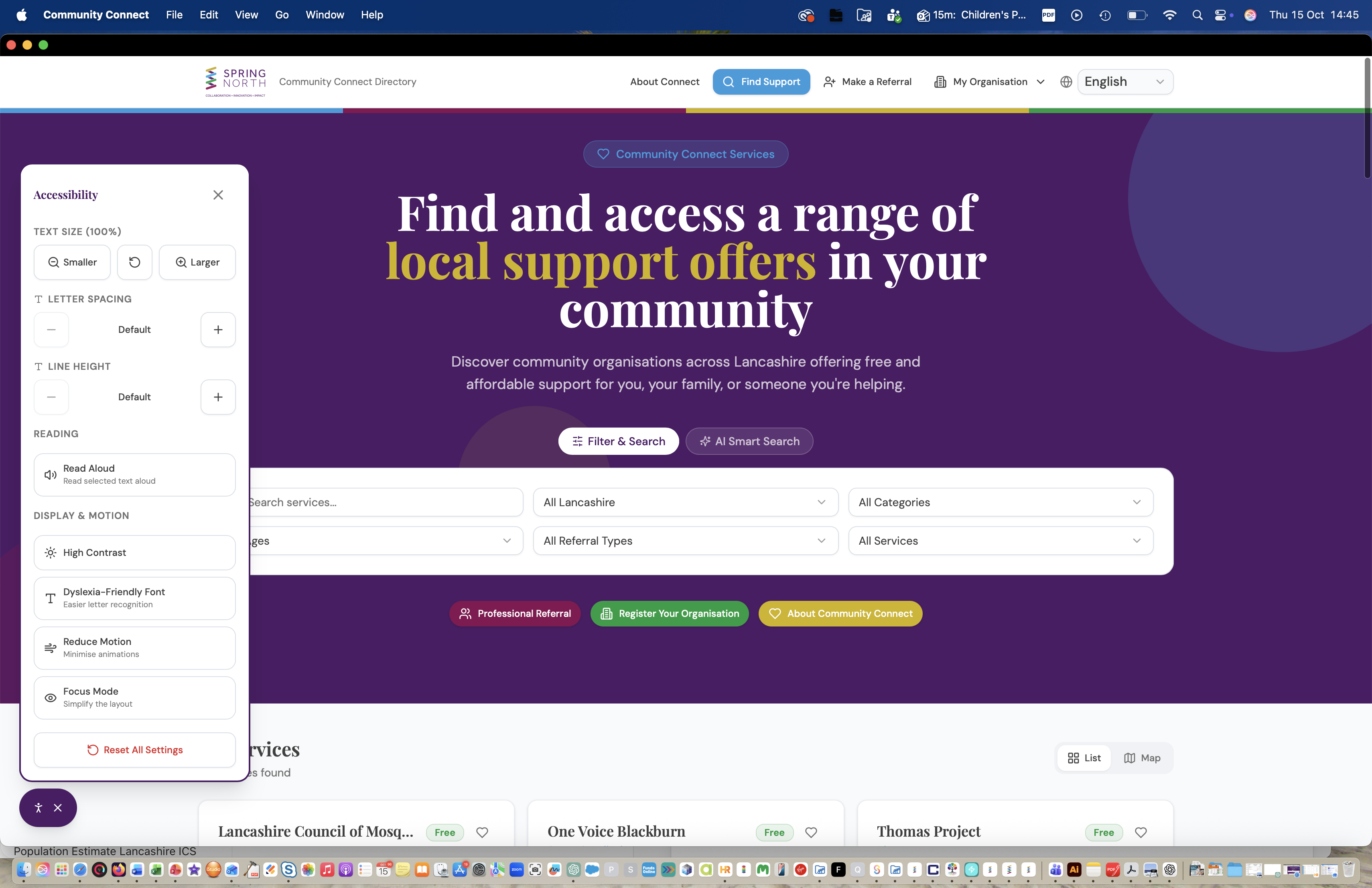 Accessibility settings modal showing text size, letter spacing, line height, read aloud, high contrast, dyslexia-friendly font, reduce motion, and focus mode options