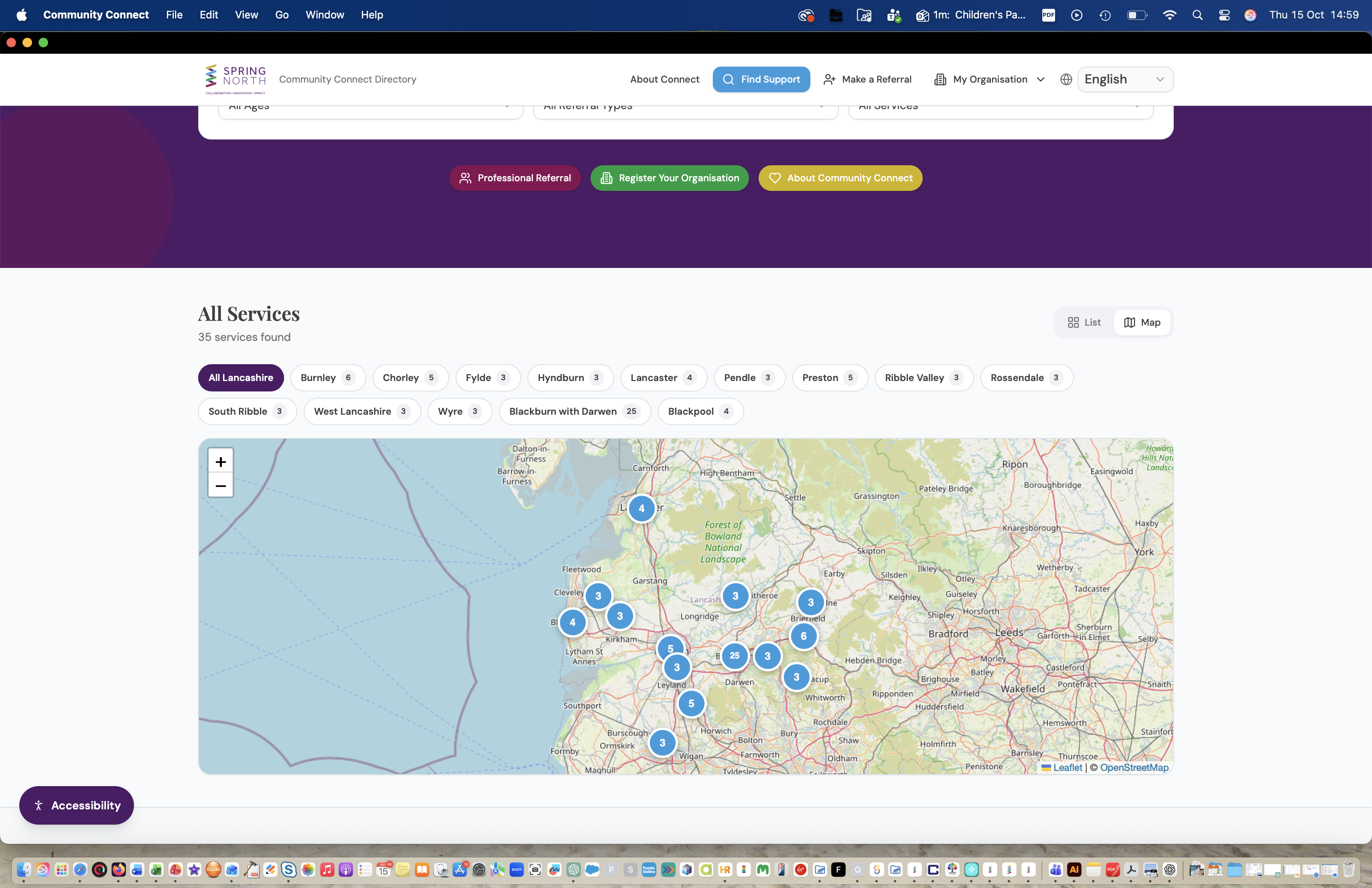 Map view of the Community Connect directory showing clustered service markers across Lancashire districts