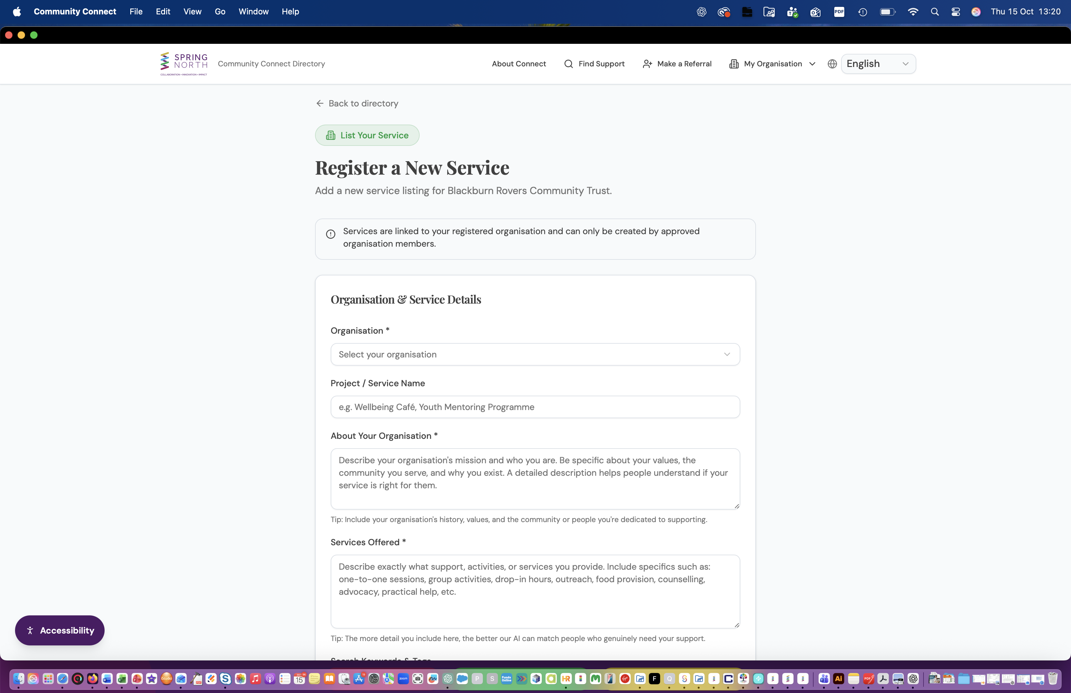 Register a New Service form showing organisation and service details fields with tips