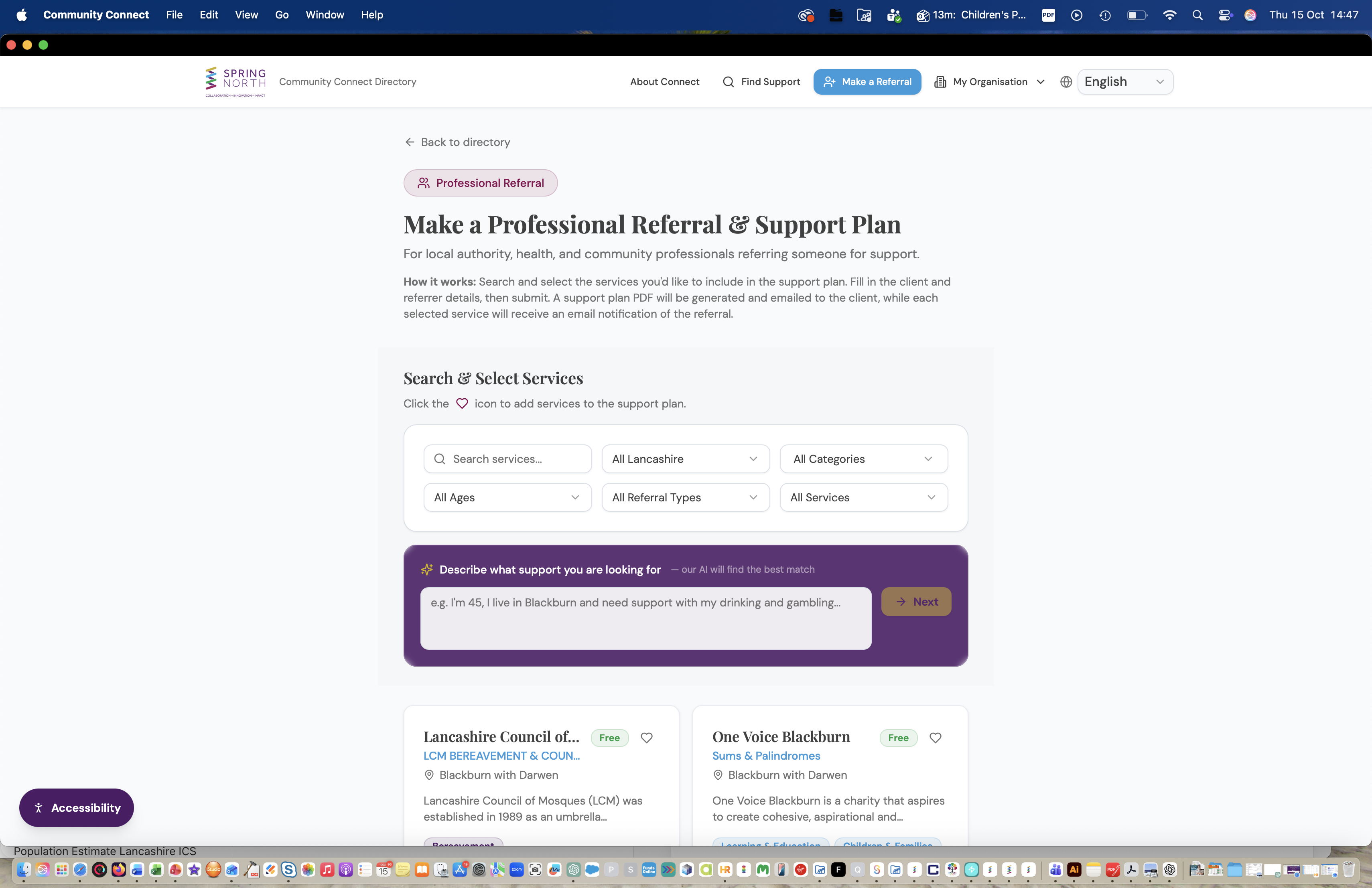 Make a Professional Referral page showing the AI search box and service cards with heart icons to add to the support plan