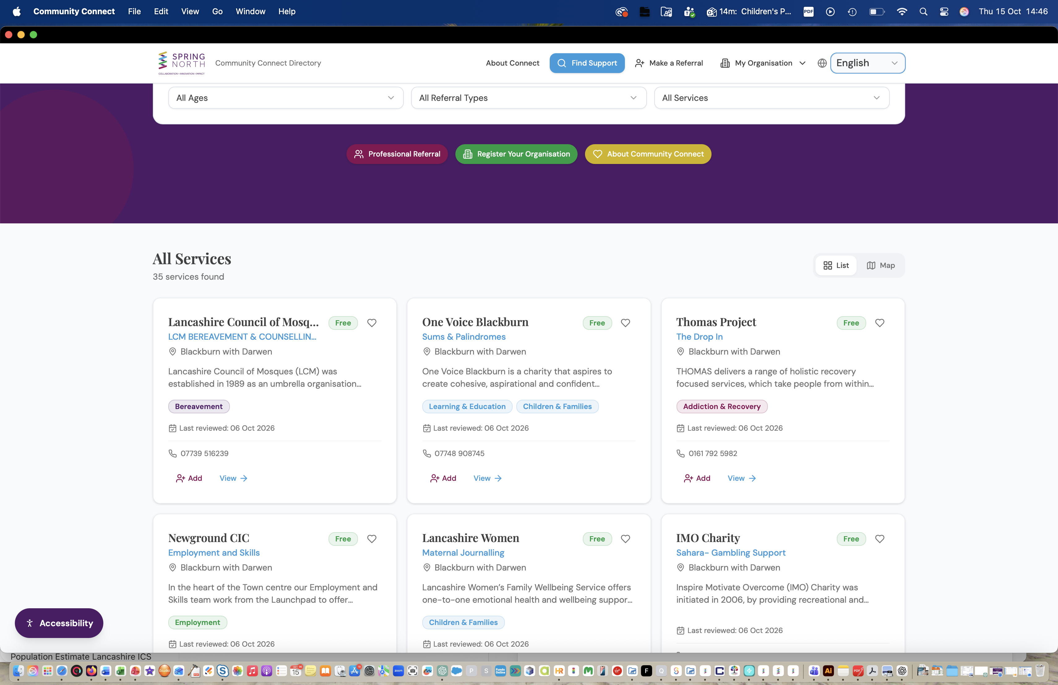 All Services directory page showing a grid of service cards with names, locations, descriptions and category tags