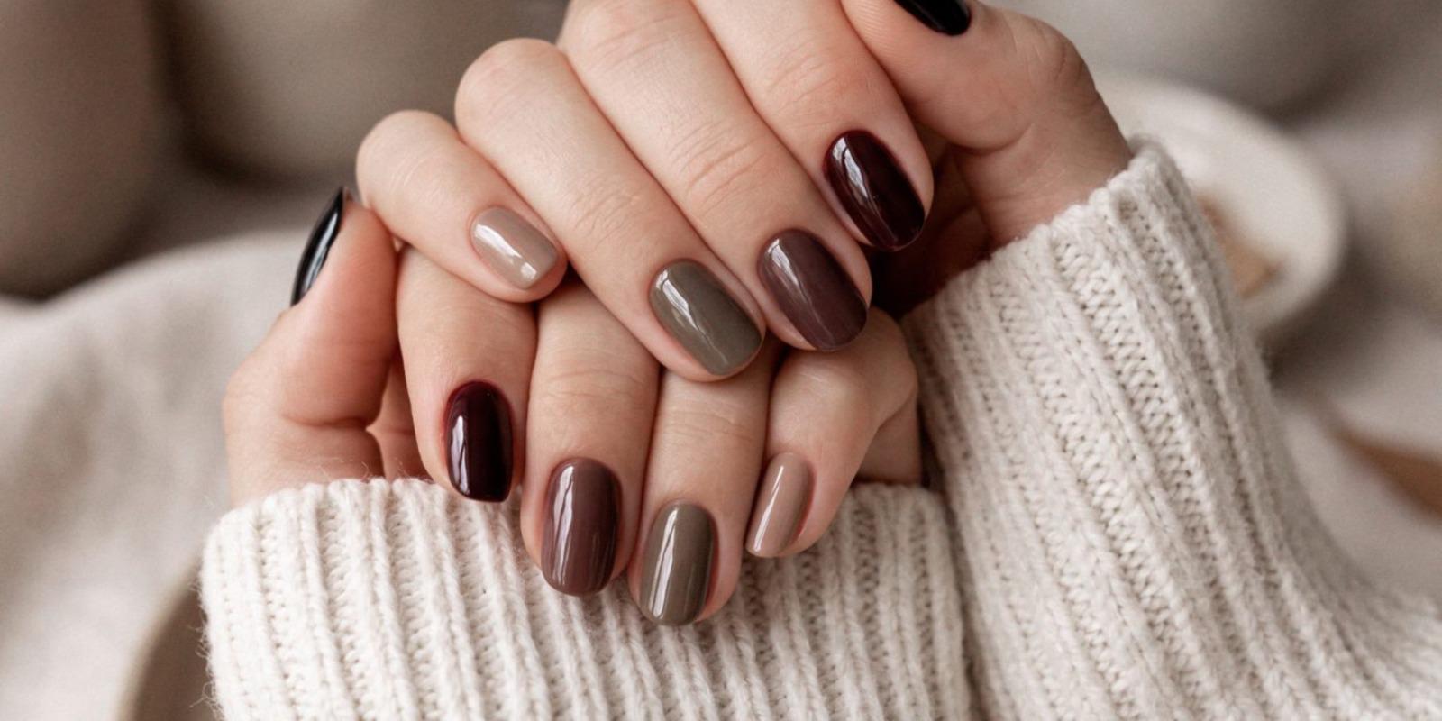 Uñas de otoño en tonos burdeos y chocolate