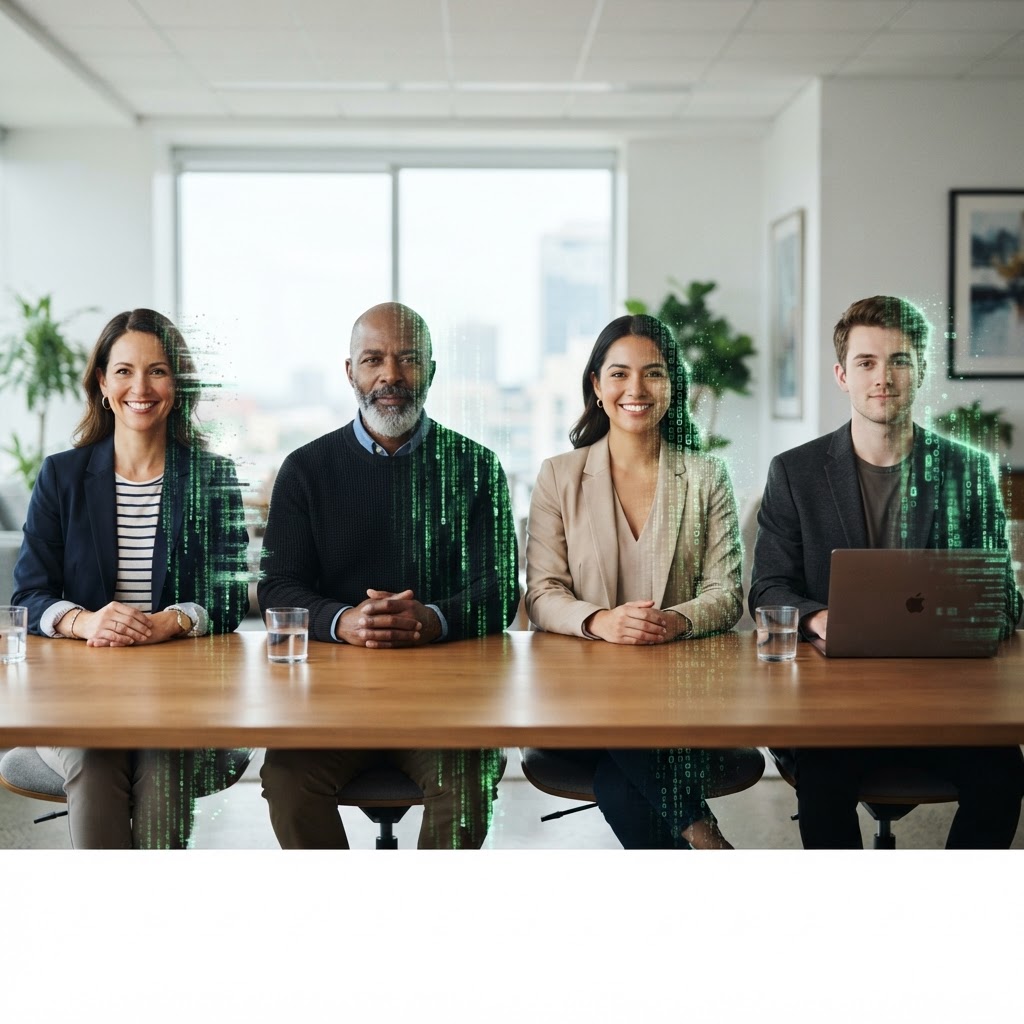 Four boardroom personas, each half-human, half-digital