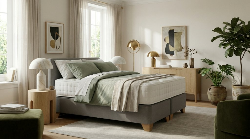 Comfort mattress in a bright, naturally lit bedroom with sage green bedding and light oak furniture