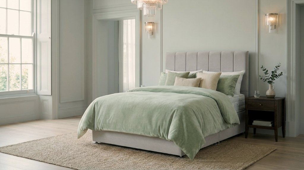 Signature Latex Pocket mattress in a cool, elegant bedroom with pale grey headboard and eucalyptus styling