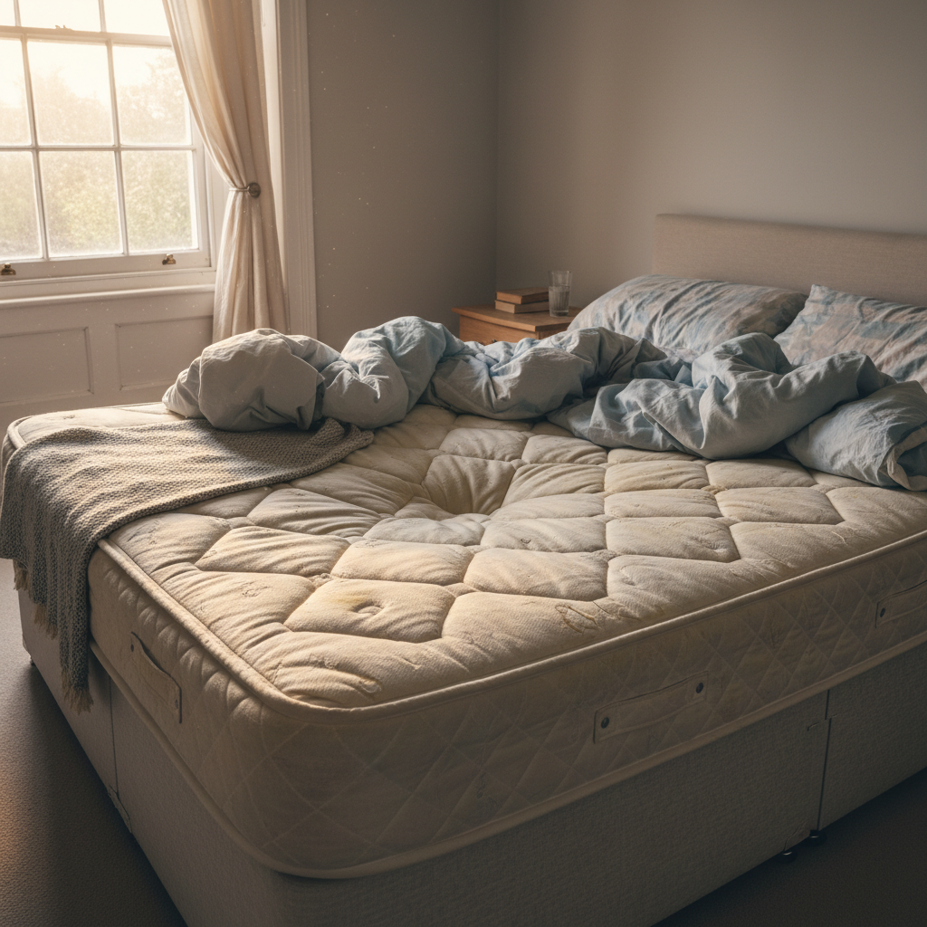 An old, worn mattress on a double bed in a UK bedroom — sagging centre and tired appearance