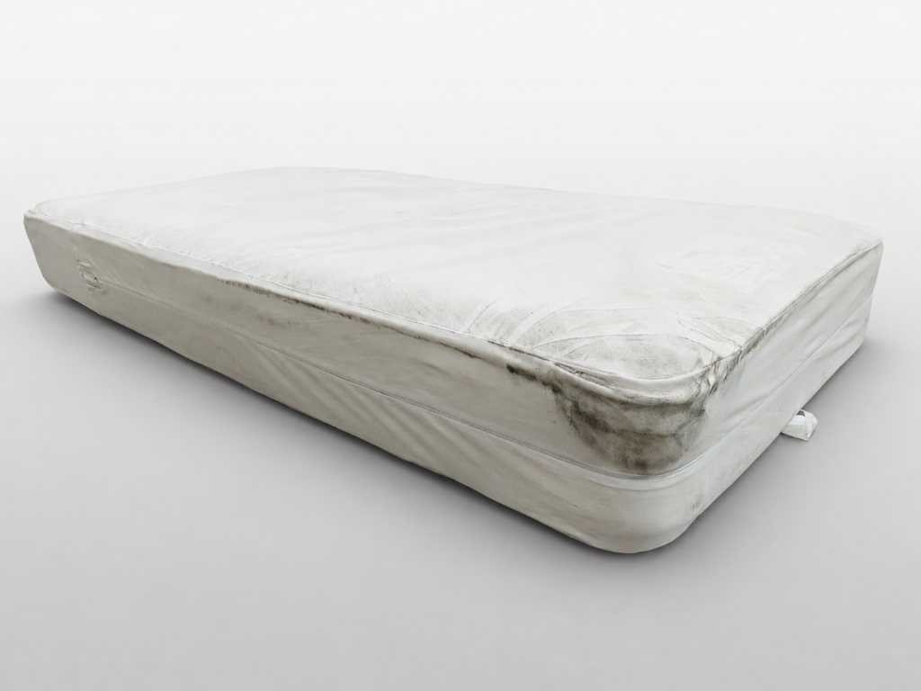 Encasement protector after eight years of rental use — visibly worn on the outside