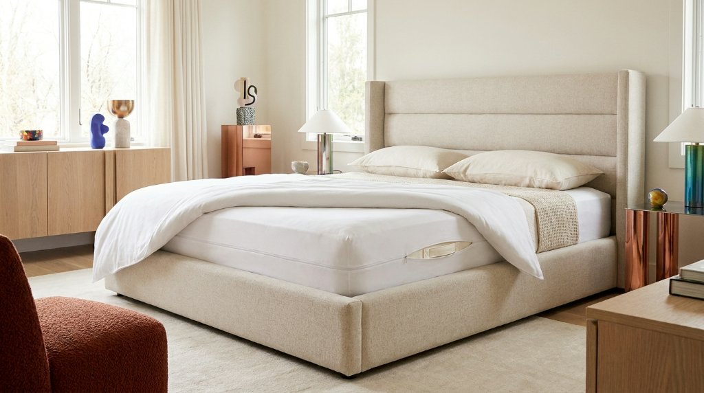 Premium encasement mattress protector fitted on a bed in a contemporary bedroom, zip closure visible on the mattress side