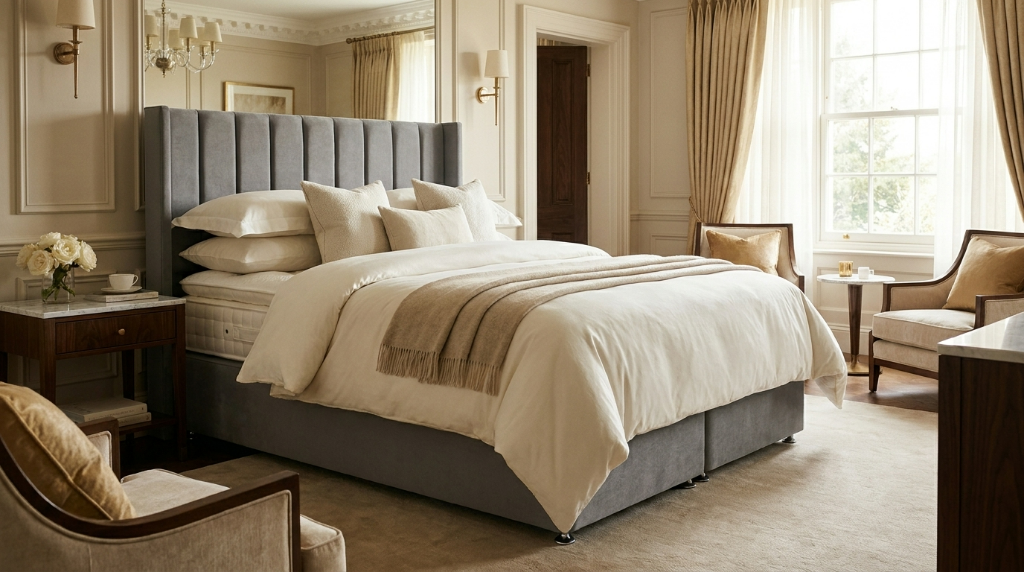 Premium Pillowtop mattress in a classic country house hotel bedroom with layered cream bedding and wool throw