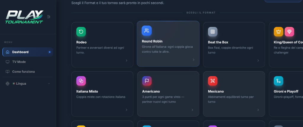 Scegli il format e inserisci i giocatori