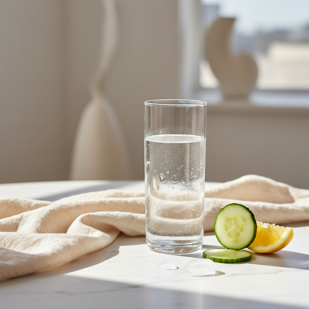 Clear glass of water with cucumber and lemon — daily hydration habit