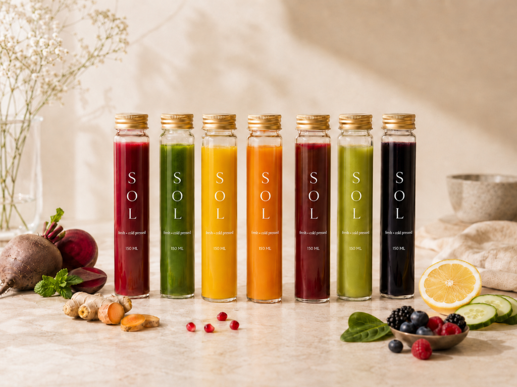 A row of seven SOL cold-pressed juice bottles in various colors, arranged on a stone surface with fresh ingredients like beets, turmeric, and berries.