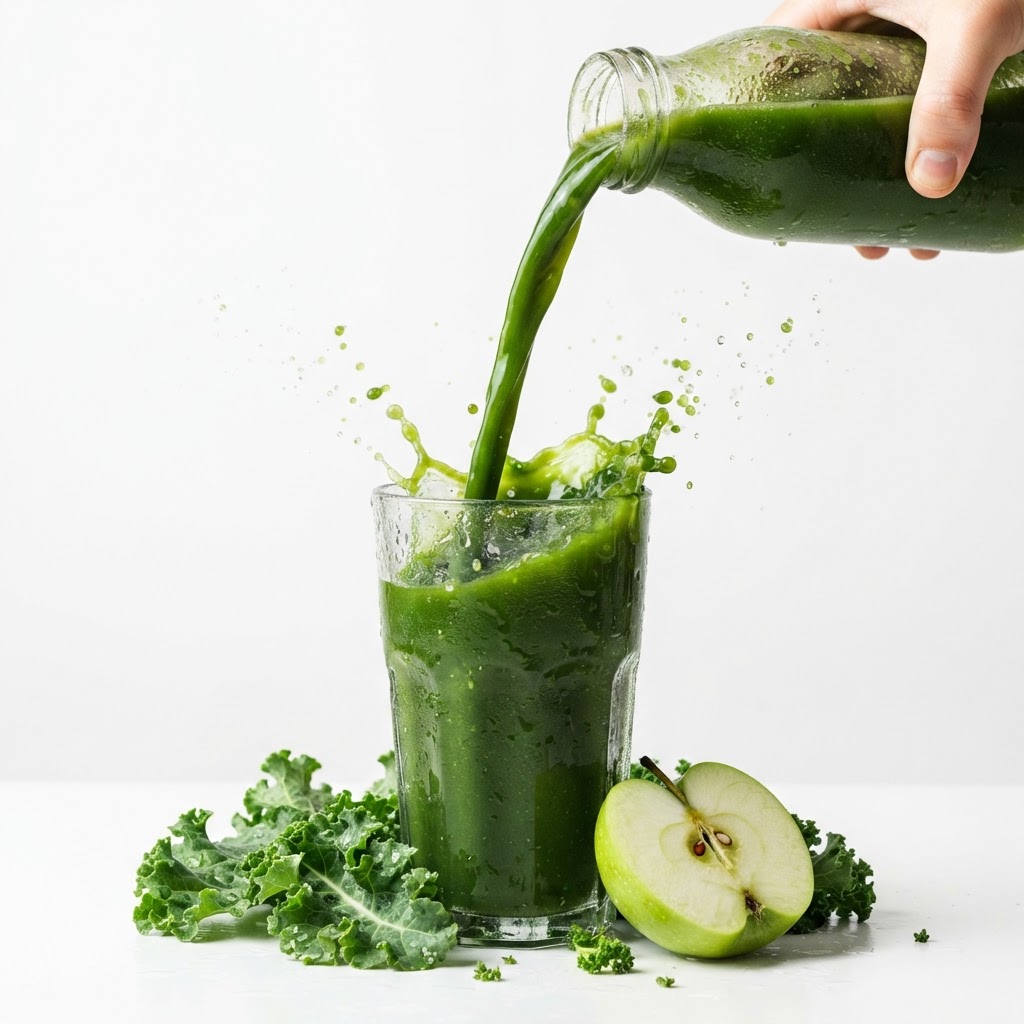 A vivid stream of cold-pressed green juice pouring into a glass, with fresh kale and a halved green apple