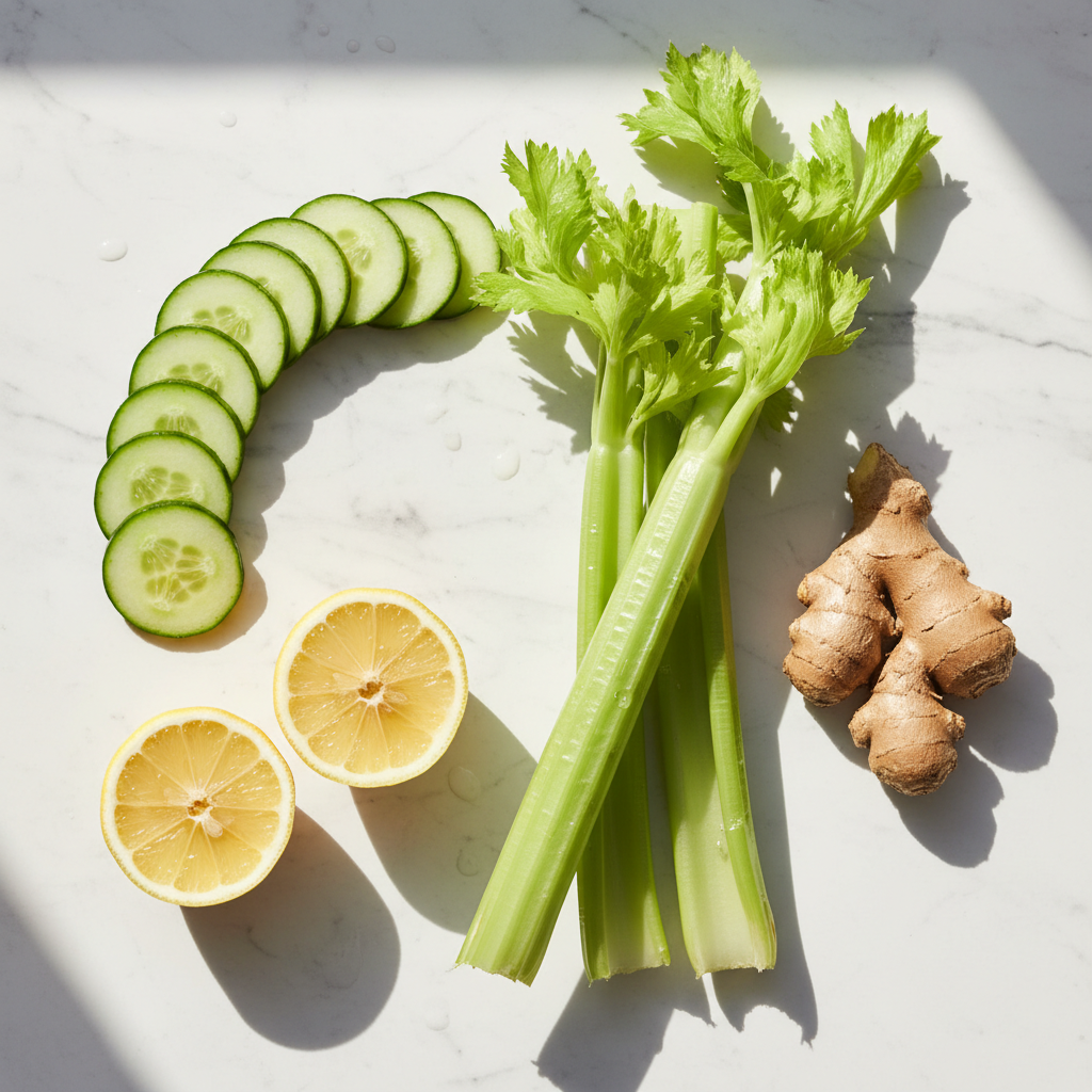 Fresh cucumber, lemon, ginger, celery — morning cleanse shot ingredients