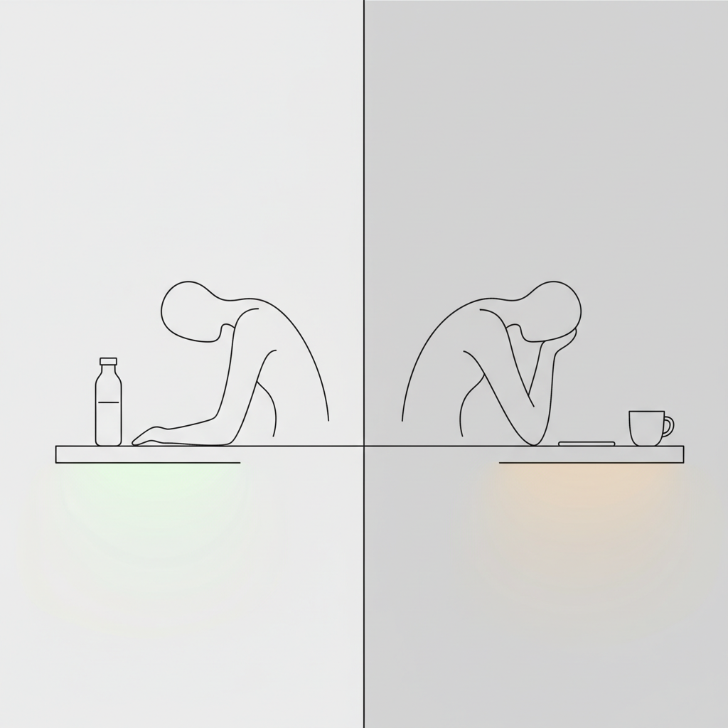 Two desks — focused vs drained