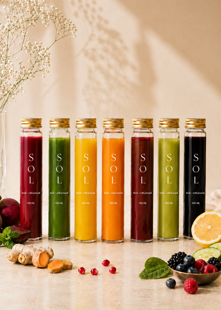 A row of seven SOL cold-pressed juice bottles in various colors, arranged on a stone surface with fresh ingredients like beets, turmeric, and berries.