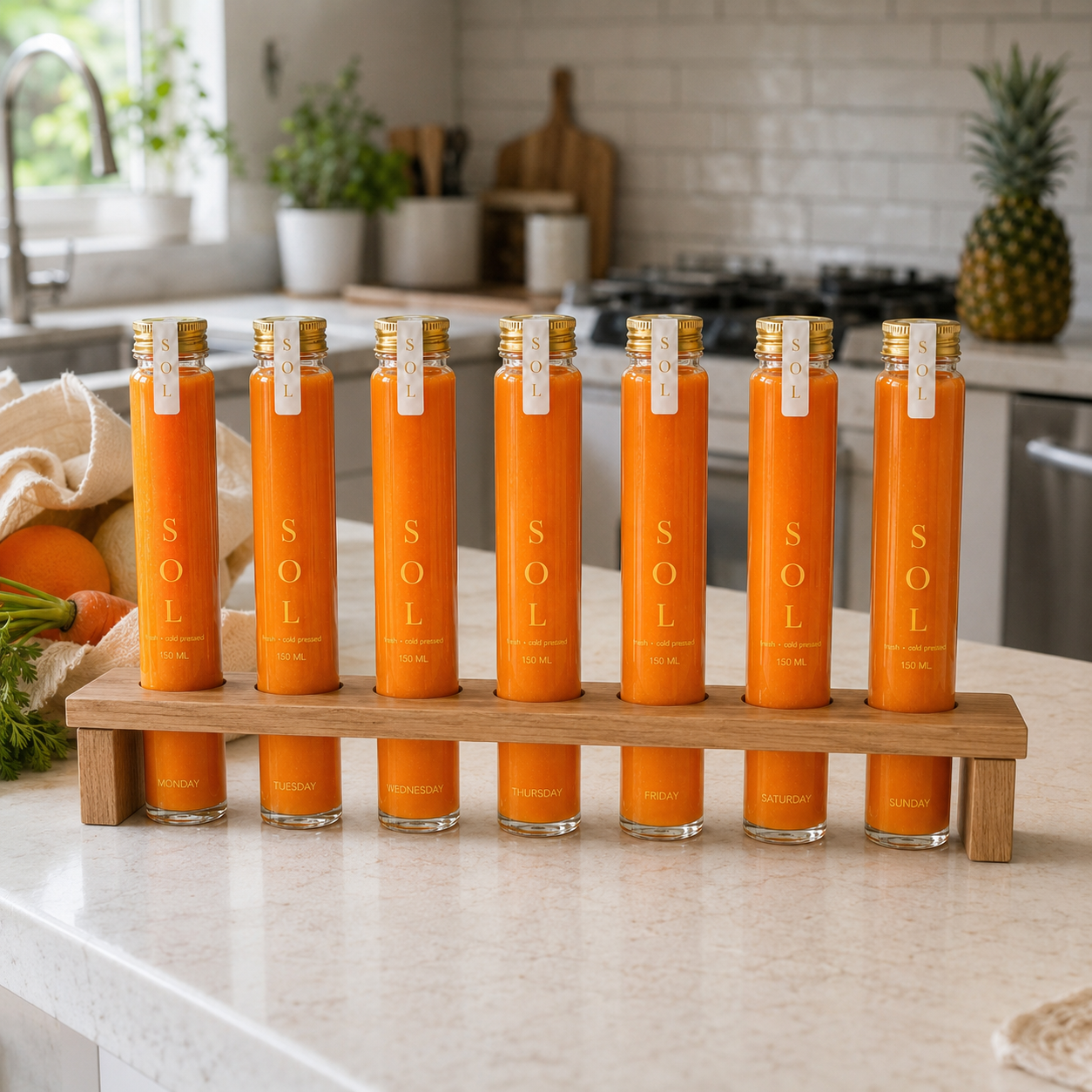 S O L — 7 cold-pressed wellness shot bottles on a wooden rack, one for each day of the week