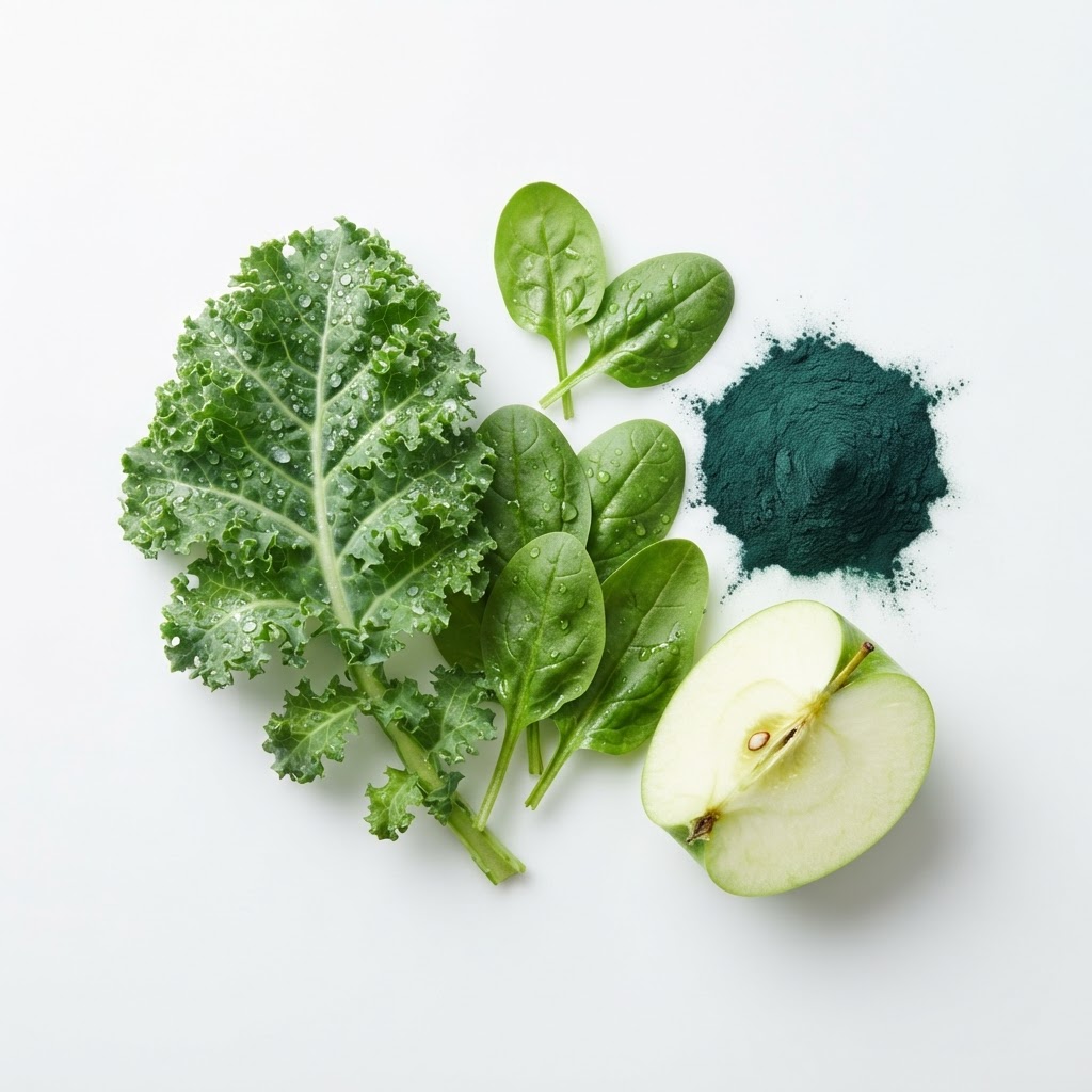 Macro close-up of fresh kale with water droplets, spinach, spirulina powder and a sliced green apple on white