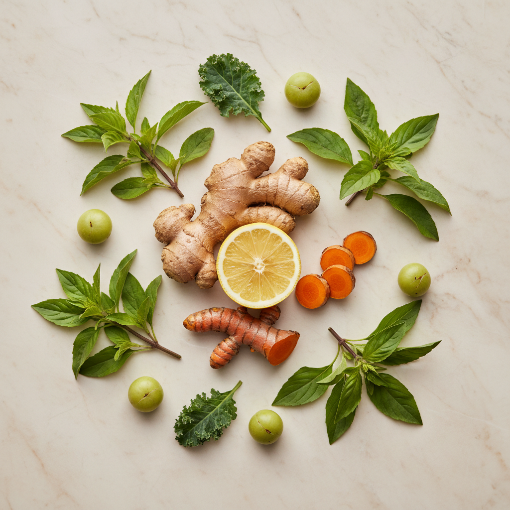 Fresh raw ingredients — ginger, turmeric, herbs, lemon — for cold-pressed wellness shots