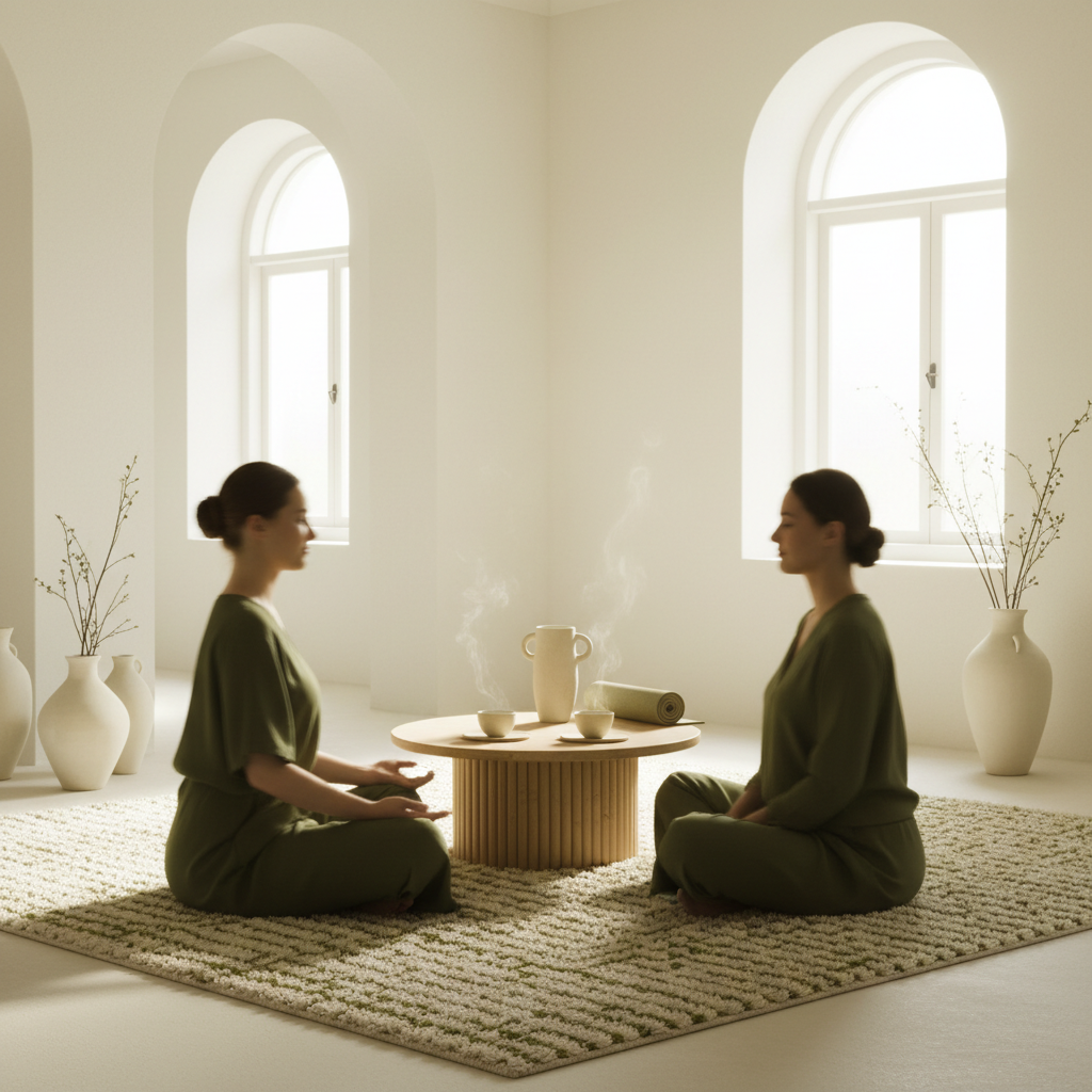 Two silhouettes in a premium wellness space suggesting shared routines together