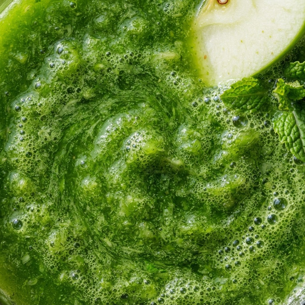 Macro texture of vibrant cold-pressed green juice with tiny bubbles