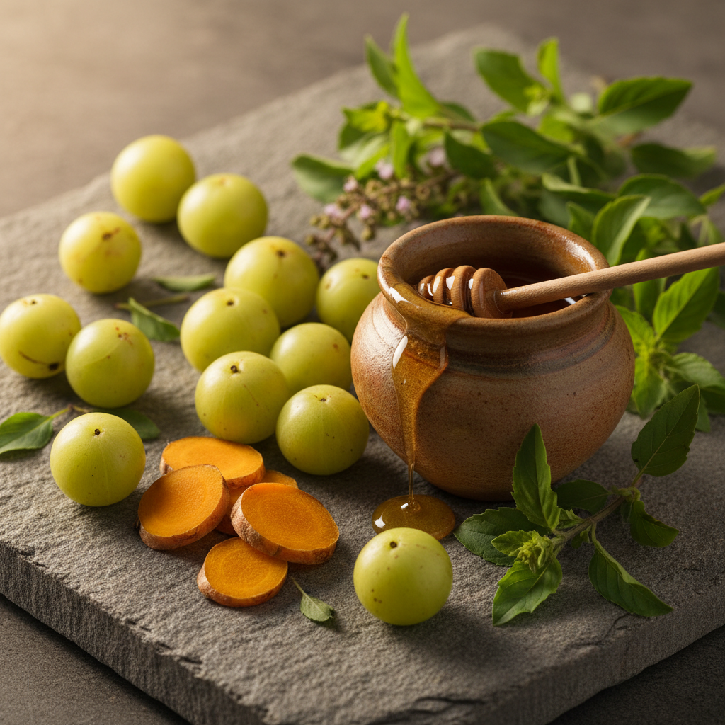 Amla, turmeric, tulsi, and honey — immunity shot ingredients