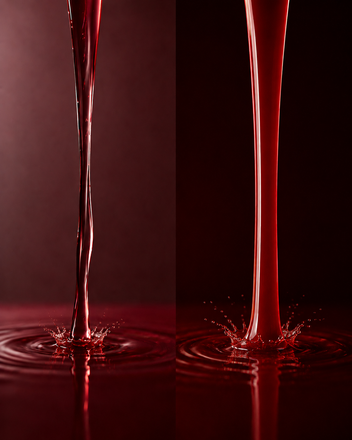 Side-by-side pour comparison — a thin, translucent filtered juice on the left versus a thick, whole-pressed SOL shot on the right