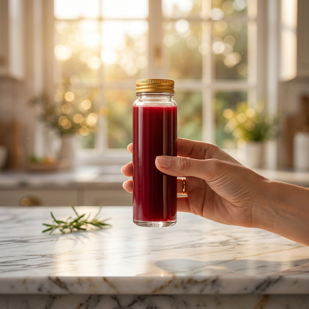 Person holding a S O L wellness shot bottle in hand — fresh cold-pressed daily ritual