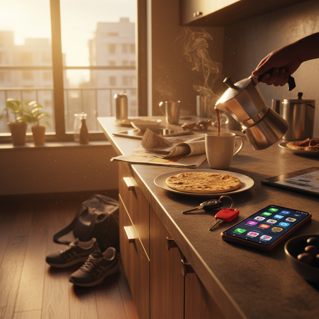 A chaotic Gurgaon morning — keys, phone, half-eaten breakfast