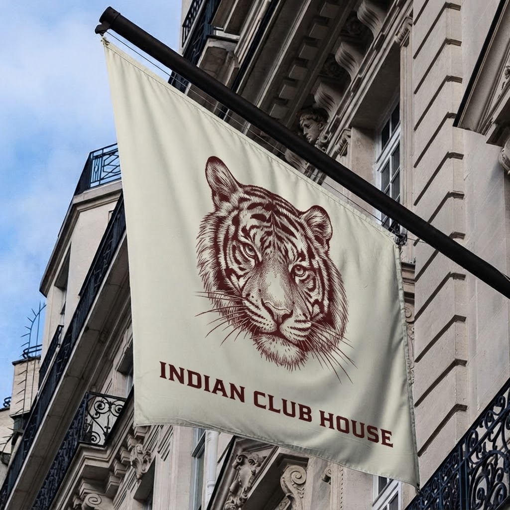 The Indian Club House ivory facade flag with the burgundy tiger head